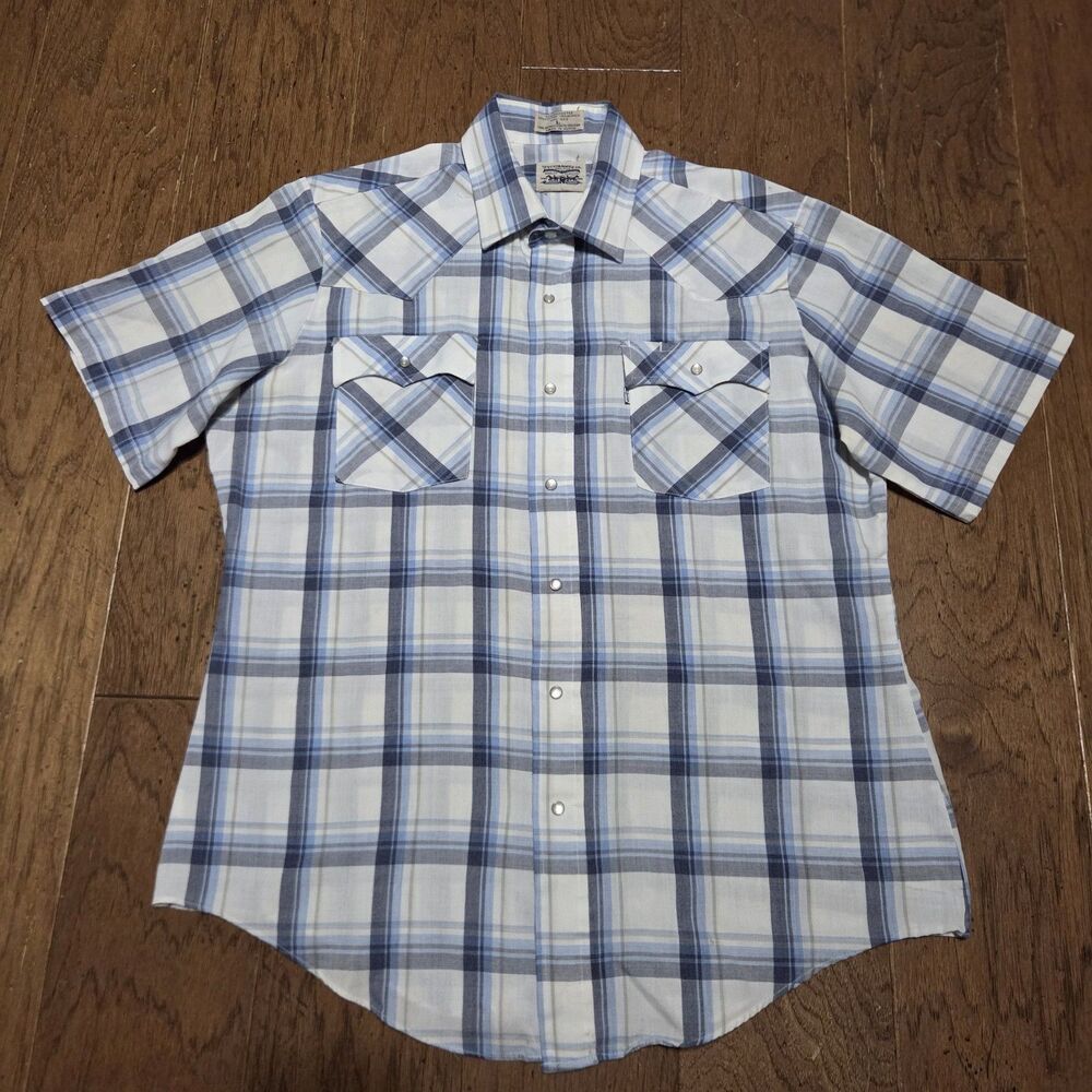 Vtg Levi's Western Shirt Mens L White Tab Pearl Snap Plaid 70s 80s WPL 423